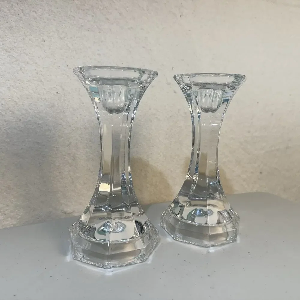 VTG Crystal Clear Glass Candle Holder 6.5” Tall Candlesticks Pair Set Japan Made